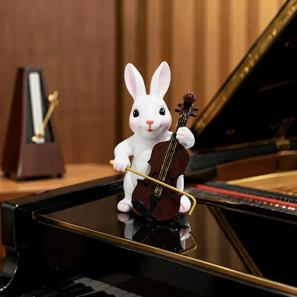 Cute Rabbit Figurine Outdoor Courtyard Sculpture Cute Rabbit Playing Violin Figurine Hand Painted Synthetic Resin for Garden