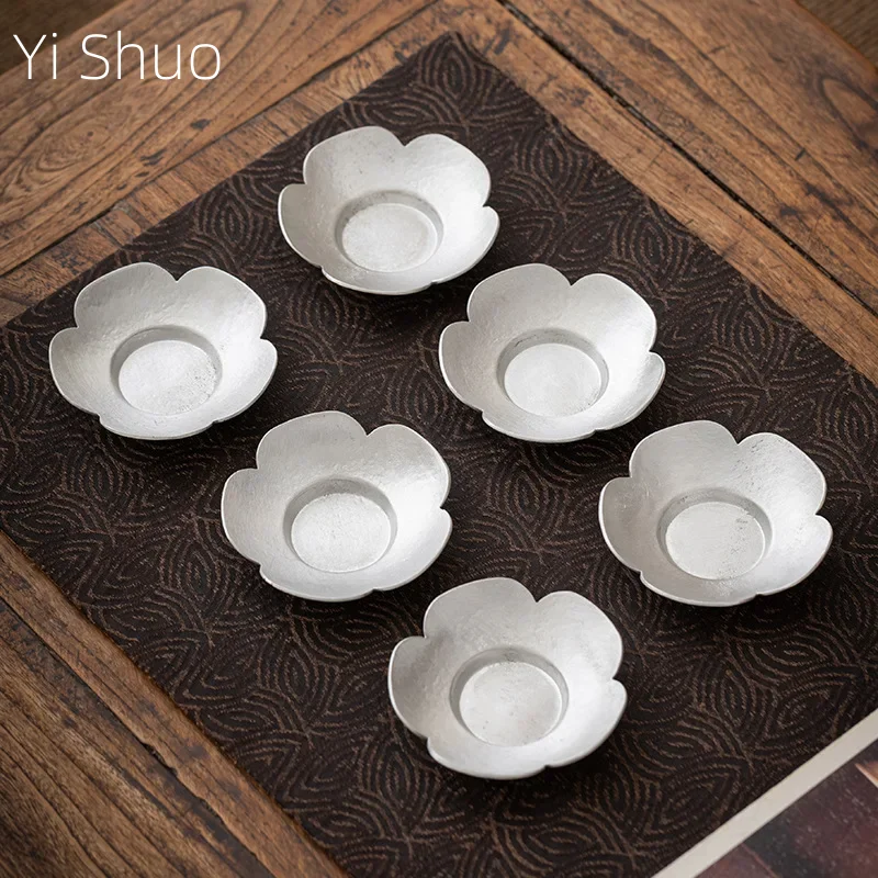 

Pure Tin Flower Cup Saucer Teacup Mat Saucer Tea Ceremony Utensils Cup and Saucer Heat Proof Mat Small Handmade Coasters