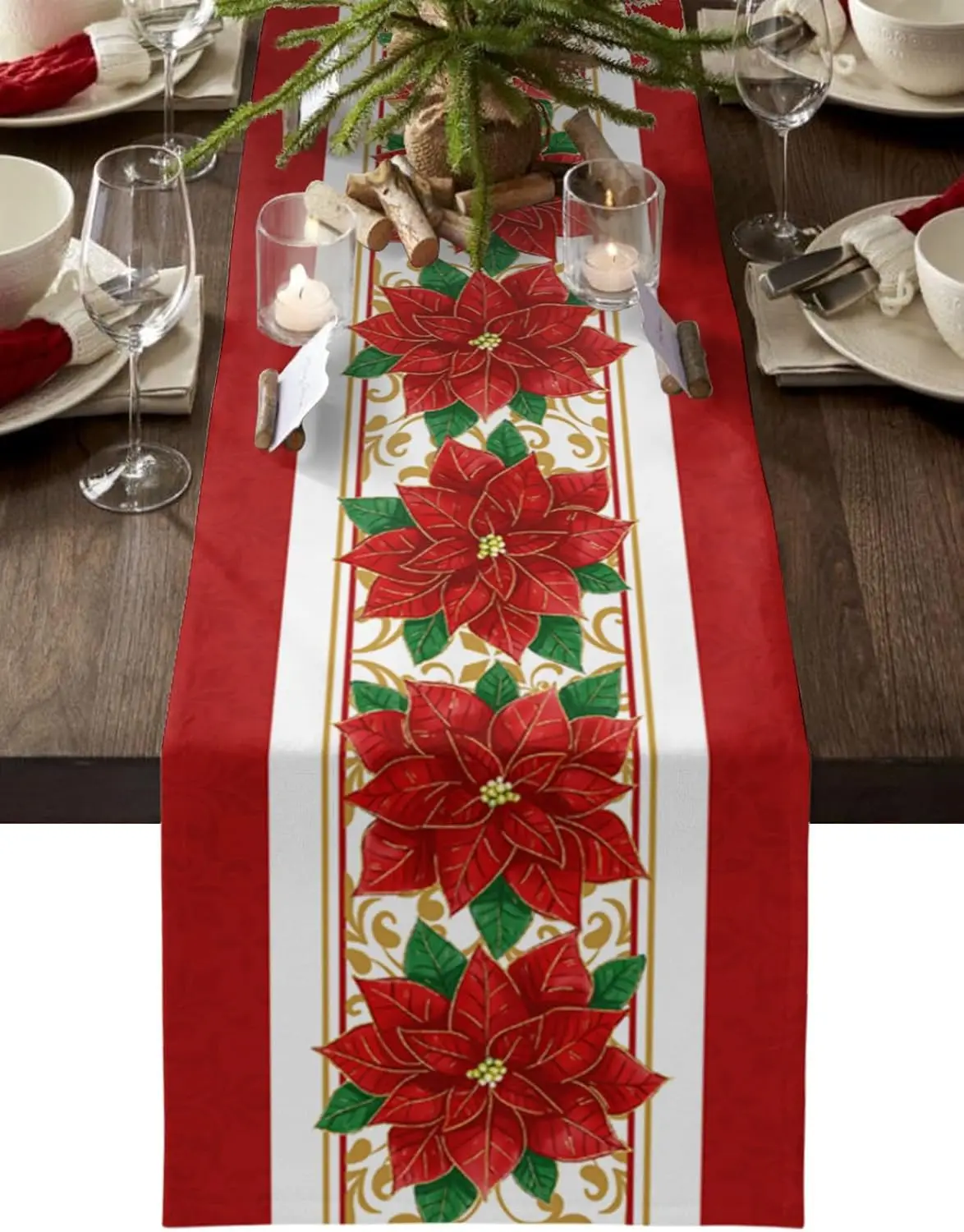 Christmas Poinsettia Flower Linen Table Runners Dresser Scarf Decor Washable Kitchen Dining Table Runners Christmas Decorations