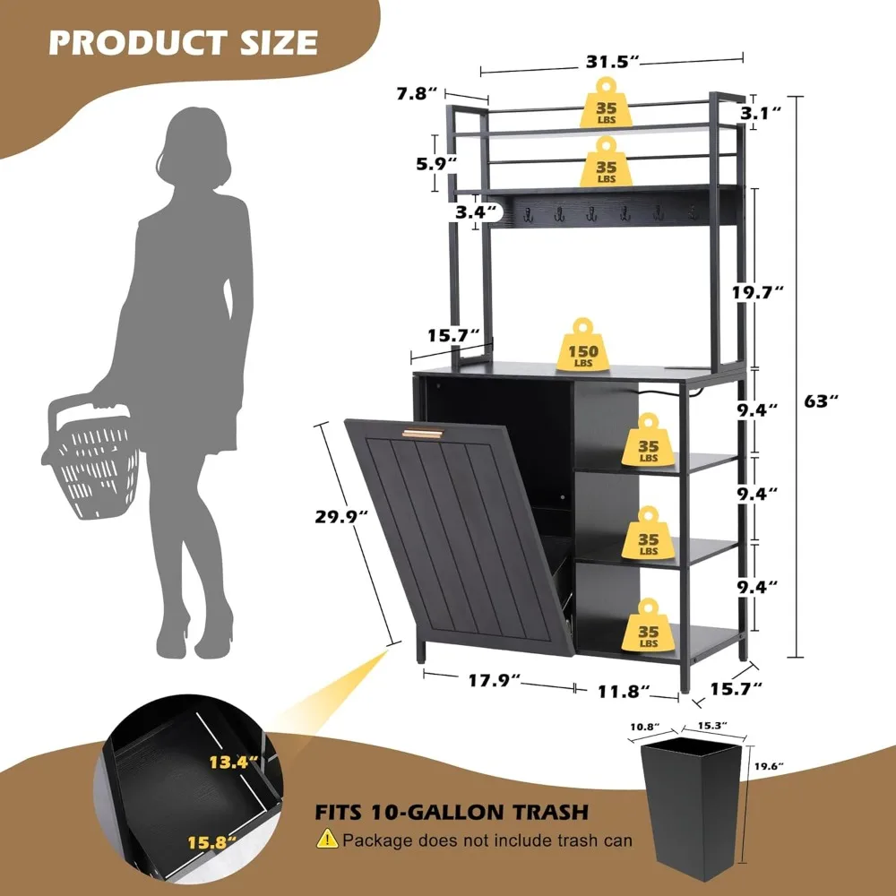 Bakers Racks Kitchen Microwave Stand Cabinet with 10 Gallon Trash Can Bin Cabinet and Power Outlet, 6-Tiers Farmhous