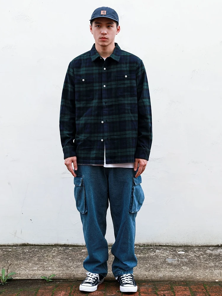 

RADIUM Japanese Sle Casual Plaid Long Sve Woolen irt Men Spring Autumn Loose Fit Warm Thiened Fabric Button up