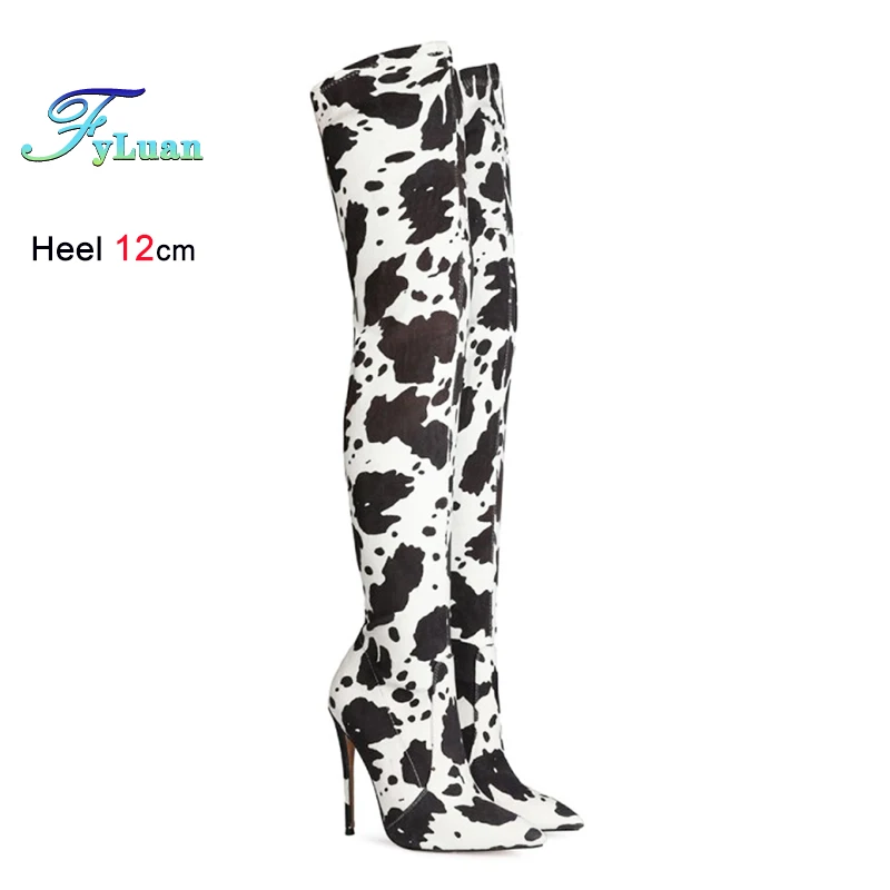 

Эластичные тонкие женские сапоги до бедра на шпильке, сапоги выше колена с острым носком, 12 см, пикантные танцевальные туфли для ночного клуба с принтом, Zapatillas