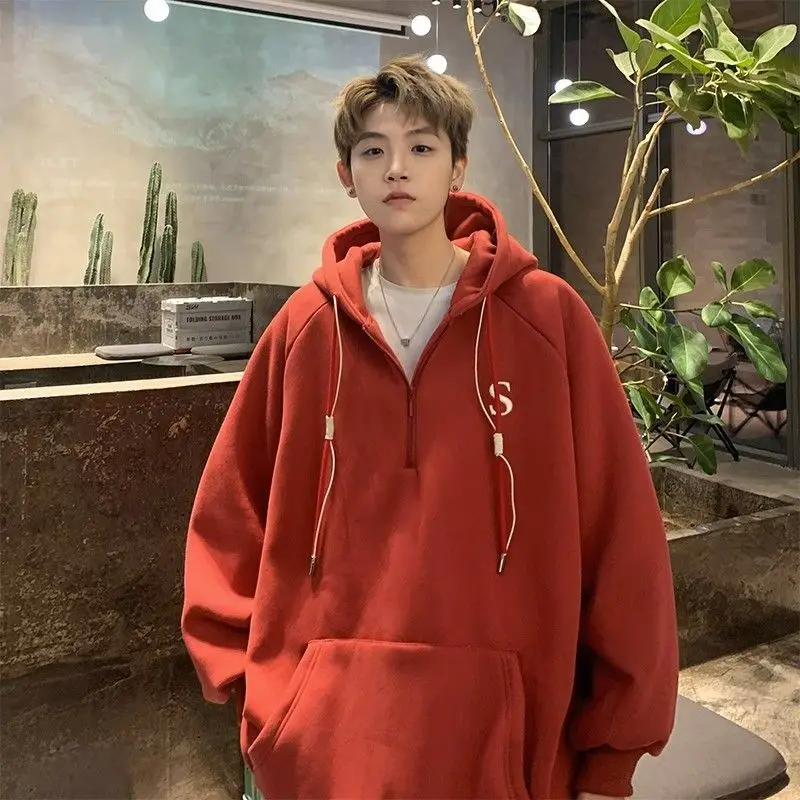 Fashionable Korean Style Red Sweatshirt Men's Spring and Autumn Casual Y2K Loose Half-zip Couple Hooded West Coast Coat Top