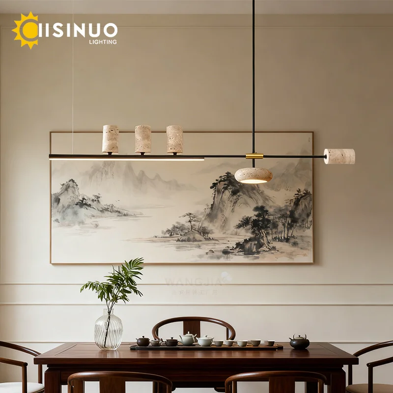Wabi-sabi Yellow Cave Stone Pendant Light Long Bar Dining Room Hanging Lamp L120cm 5-Heads Lighting Fixture for Home Living Room