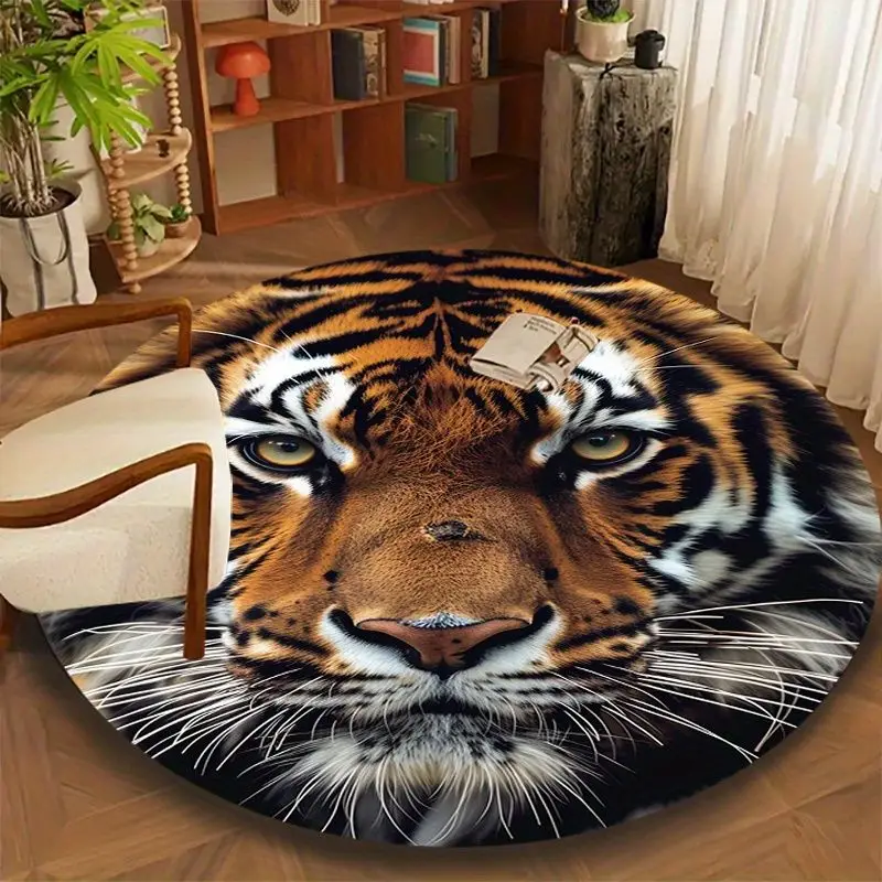 VIKAMA 3D Tiger-Head Round Rug, Non-Slip Sound-Absorbing Living Room Rug, Swivel Chair Floor Protector, Home Decor