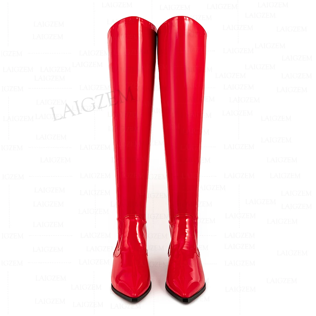 BERZIMER Women Over Knee High Boots Shiny Pointed Toe Pull On Low Heels Tall Boots Handmade Shoes Woman Big Size 36 41 43 44 45