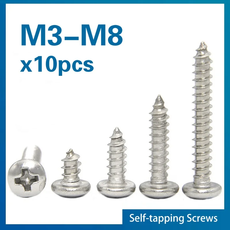 10 Pcs/Lot Cross Recessed Round Head Tapping Screw M3 M3.5 M4 M5 M6 M8 Stainless Steel