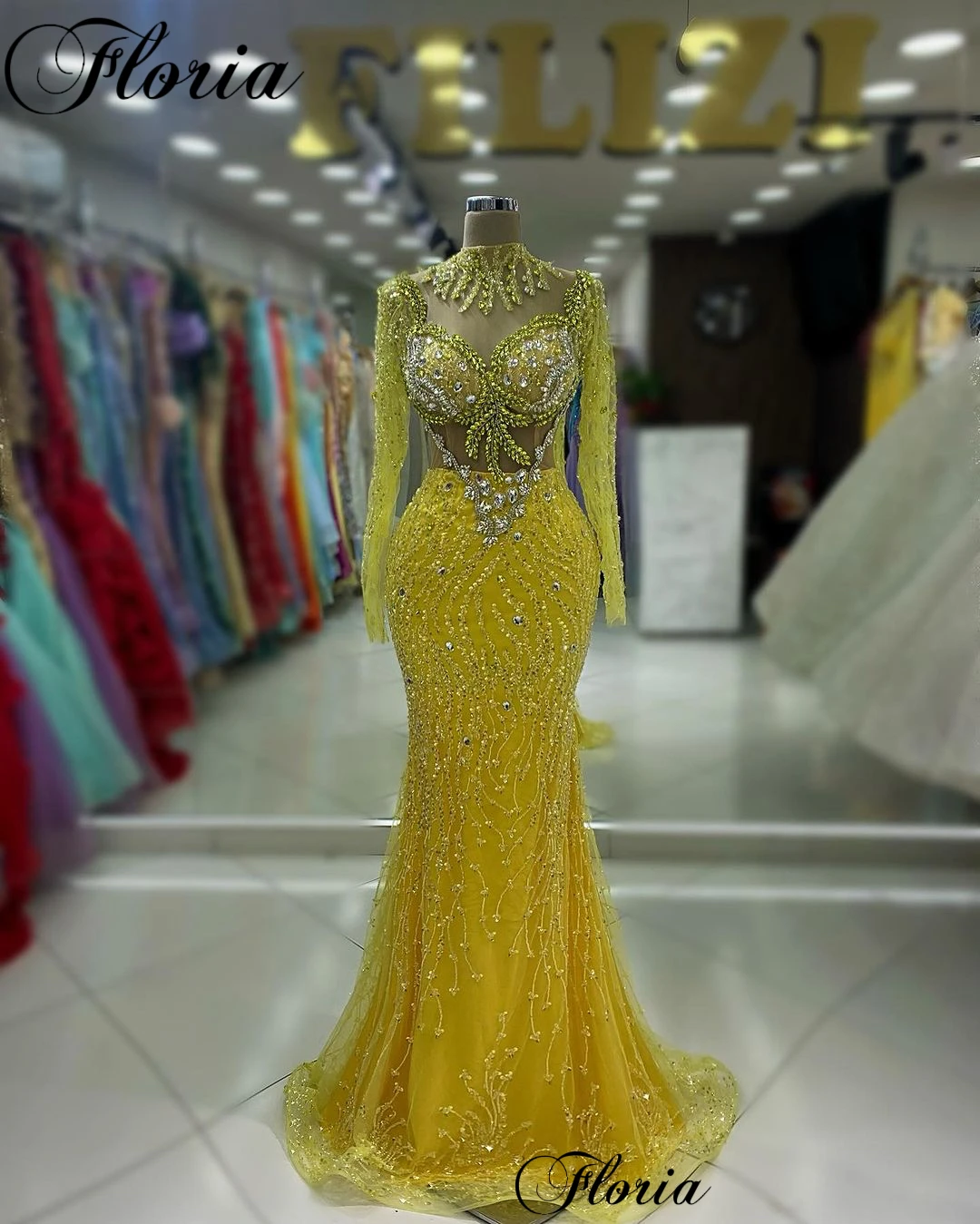 Robe de Soirée Jaune à Paillettes, Tenue à Manches sulfet Col Haut, pour Cérémonie de Récompense, Célébrité