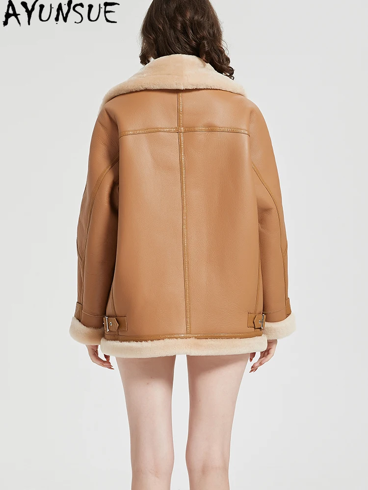 AYUNSUE Real Leather Jacket Winter Clothes 2025 Natural Sheepskin Fur Coat Women Vintage Motocycle Jackets Woman Streetwear