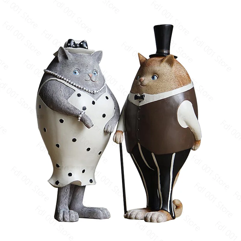 Resin Handicraft Artificial Animal Sculpture Cartoon Aristocratic cat Couple Vintage Decorative Figurines Home Decoration