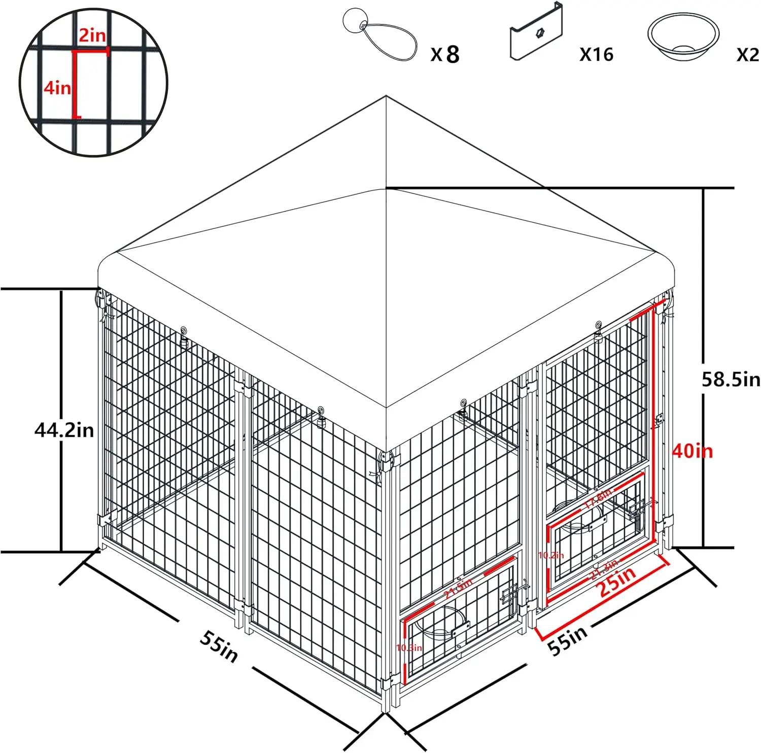 Dog Kennel Outdoor Indoor with Roof and Rotating Feeding Doors, Large Metal Dog Pen Enclosure House Heavy Duty with Canopy, Door