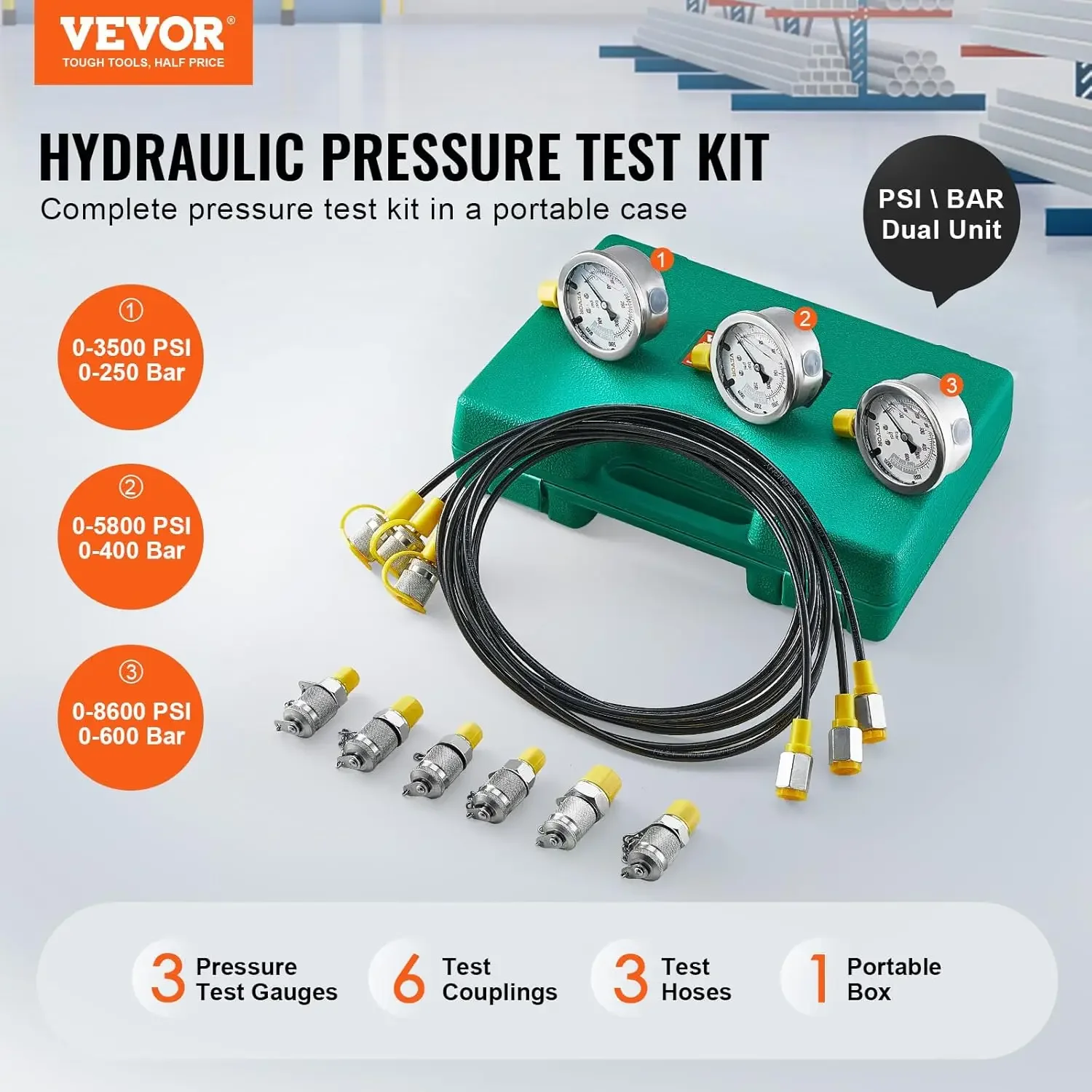 Hydraulic Pressure Test Kit, 250/400/600bar, 3 Gauges 6 Test Couplings 3 Test Hoses, Excavator Hydraulic Test Gauge Set