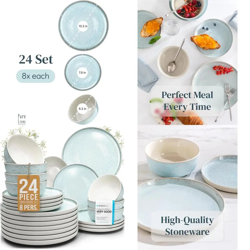 Juego de Vajilla de Gres para 8 Personas: 24 Piezas, Platos y Tazones Beige y Azul Claro, Aptos para Microondas