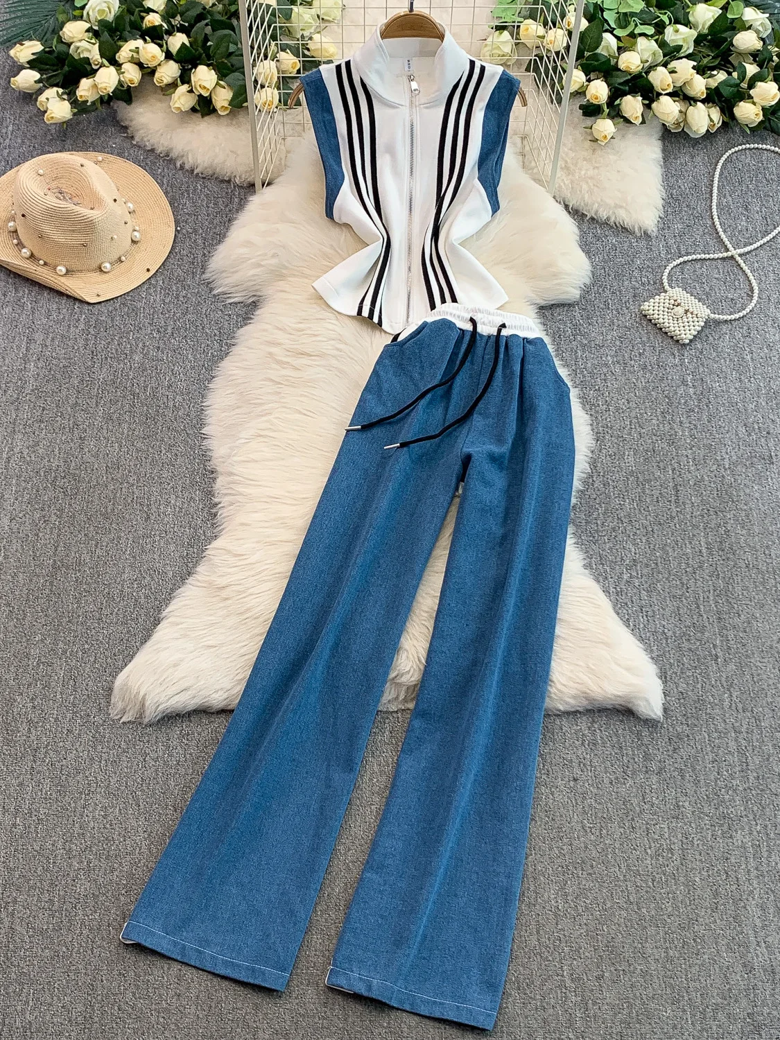 

Faionable Spicy Girl Denim Patchwork Stand Collar Svel Striped Vest Top Slimming Wide Leg Long Pants Two Piece Set