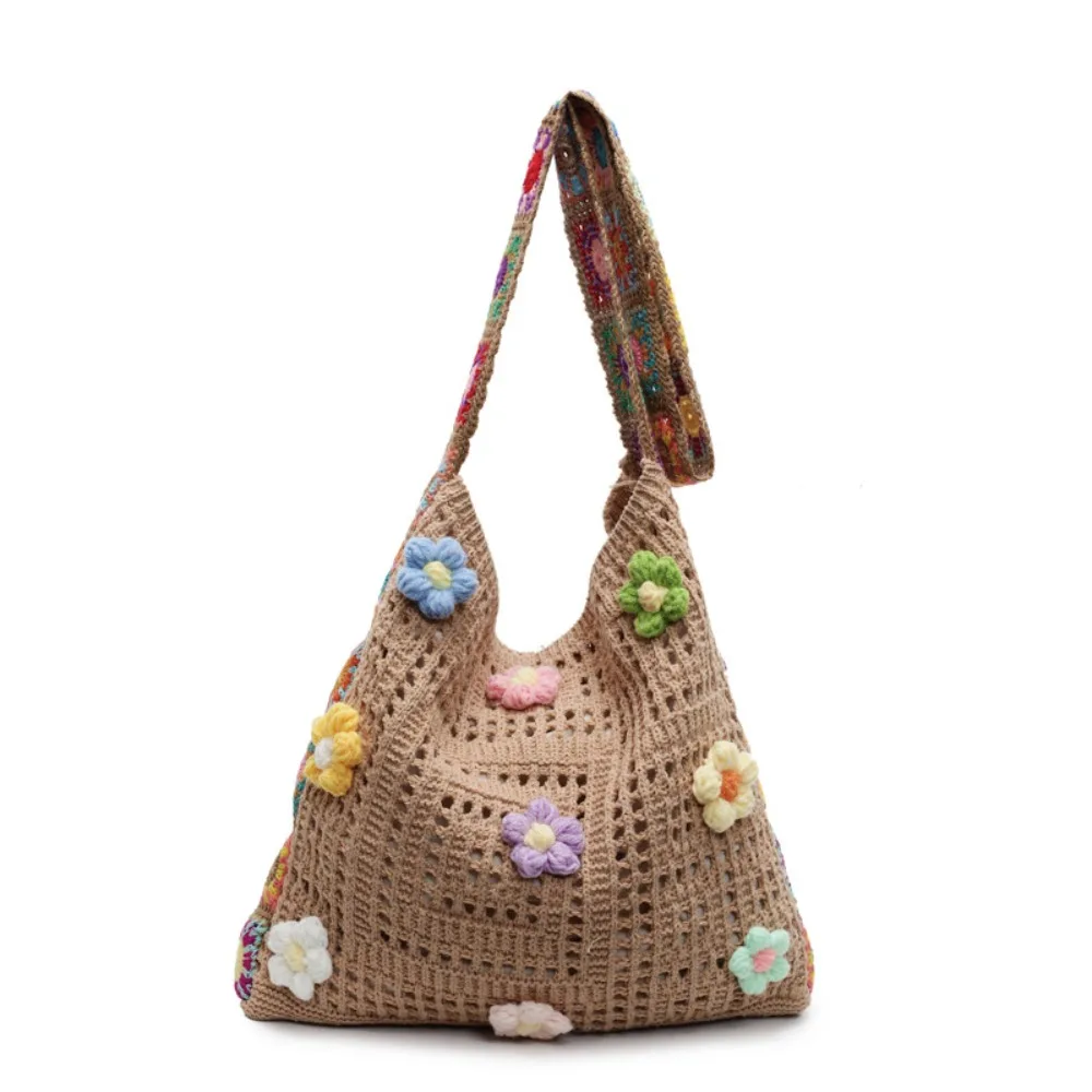 

Boho Knitting Shoulder Bag Ethnic Style Floral Bohemian Crochet Crossbody Bag Large Capacity Lazy Style Casual Woven Handbag