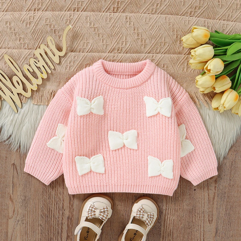 Baby Girl Knit Sweater Cute Bow Chunky Knitted Pullover Sweatshirt Toddler Girls Fall Winter Clothes Cute Outfits