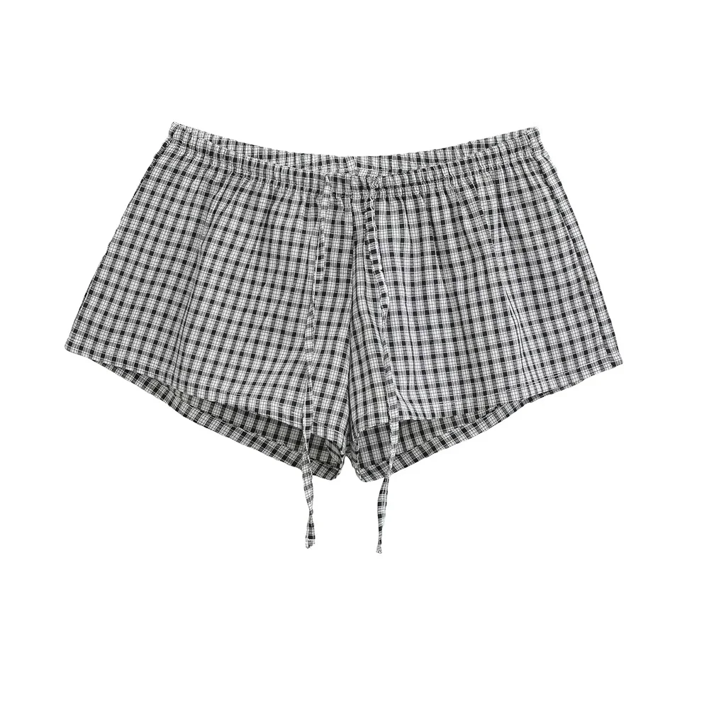 2025 Shorts femininos xadrez com cintura elástica e cordões elegantes e confortáveis para o verão e roupas casuais