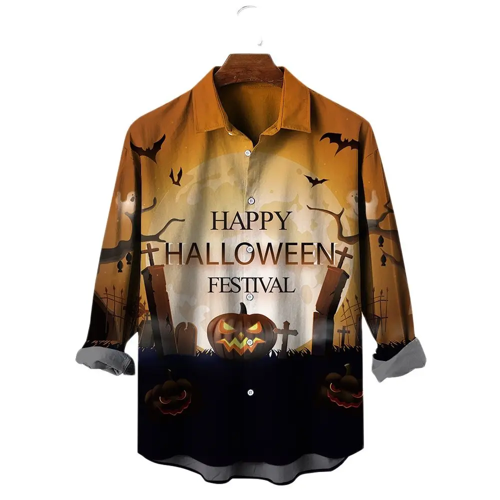 Fashion Castle Night Printing camicia da uomo a maniche lunghe con bottoni e risvolto camicia da donna traspirante per il tempo libero top oversize di Halloween