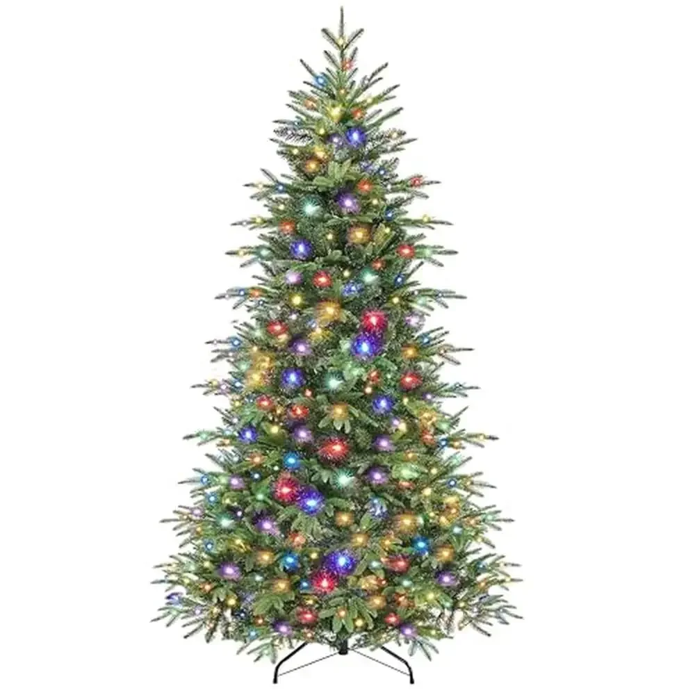 6ft Pre-Lit Christmas Tree with 350 Multicolored LED Lights PE & PVC Branch Tips 9 Light Modes Festive Artificial Noble Tree