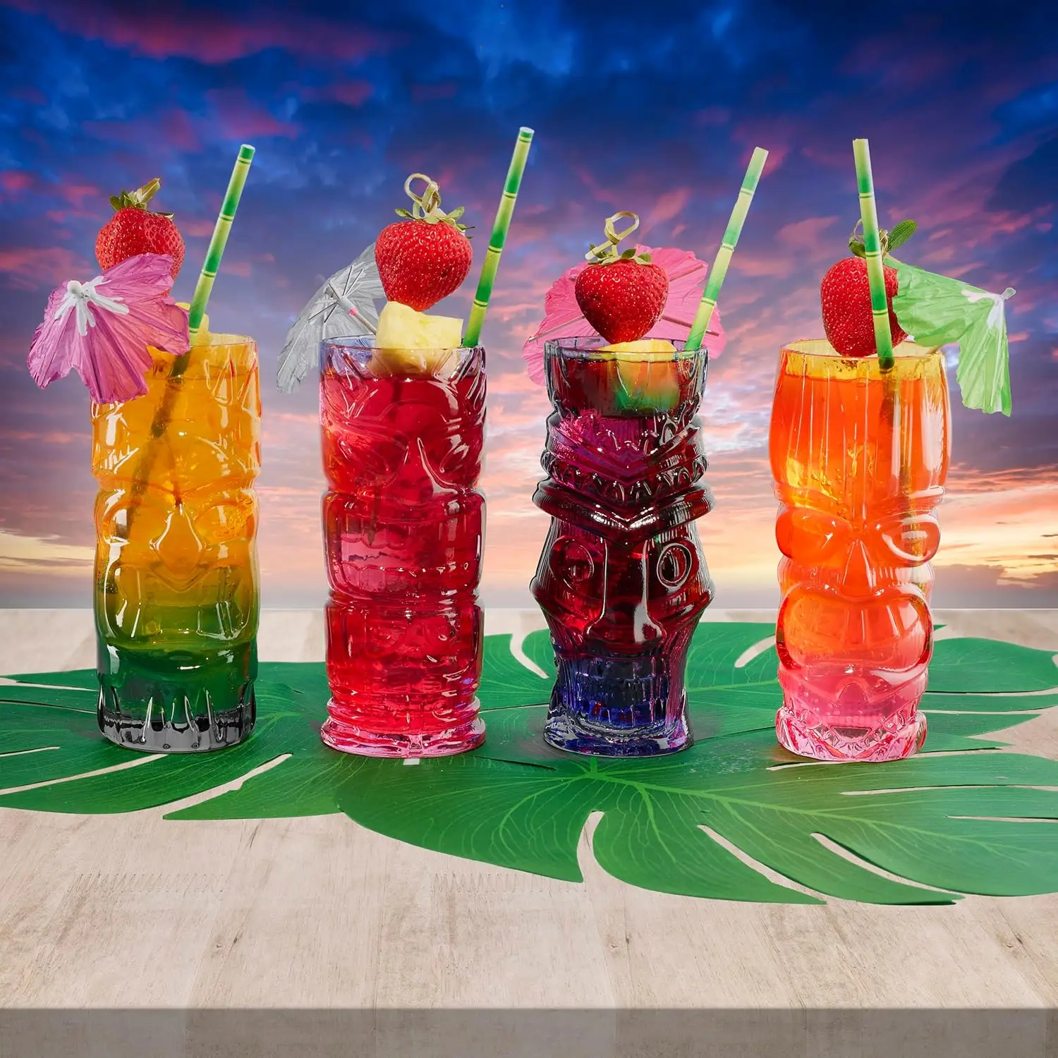 Tiki Glasses Set of 4 - Colored Tiki Glass for Cocktail, Unique Tropical Tiki Glassware Mixed