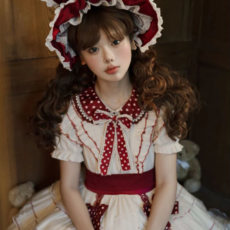 2025 novo verão japonês bonito lapela arco cintura fina pequena mosca mangas em camadas vestido fofo para mulher