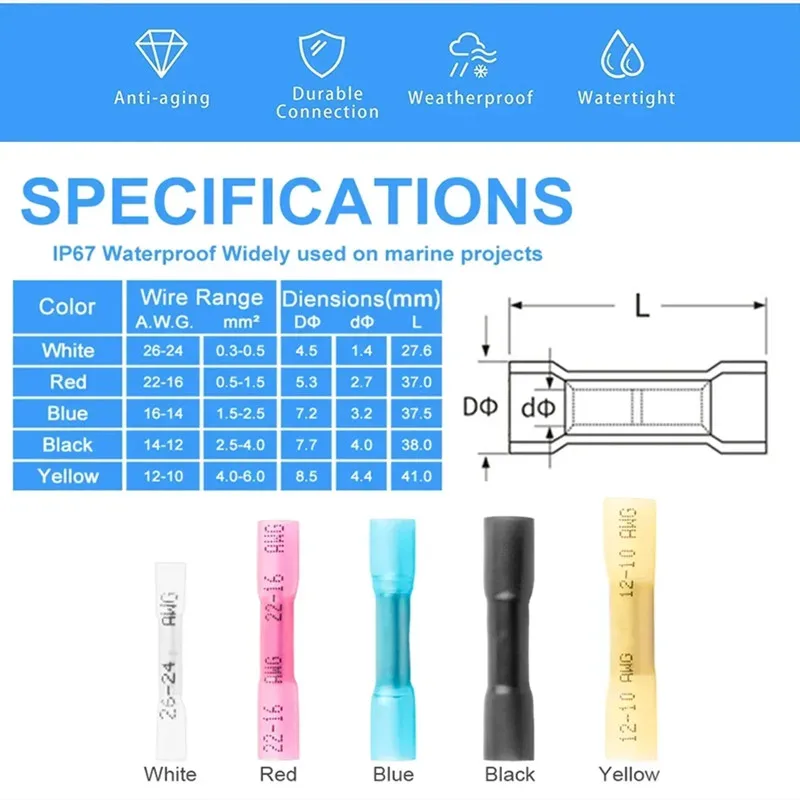 10-1000 Uds. Conectores de Cable a tope termorretráctiles impermeables AWG 24-10 0,3-6,0 mm2 terminales de engarzado de Cable eléctrico aislados