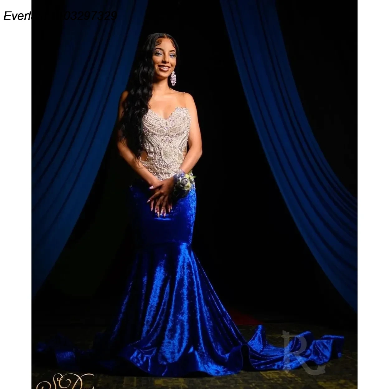 EVLAST Customized Royal Blue Mermaid Prom Dress Velvet Appliques Sequins Beading Birthday Party Gowns Robe De Soiree TPD41