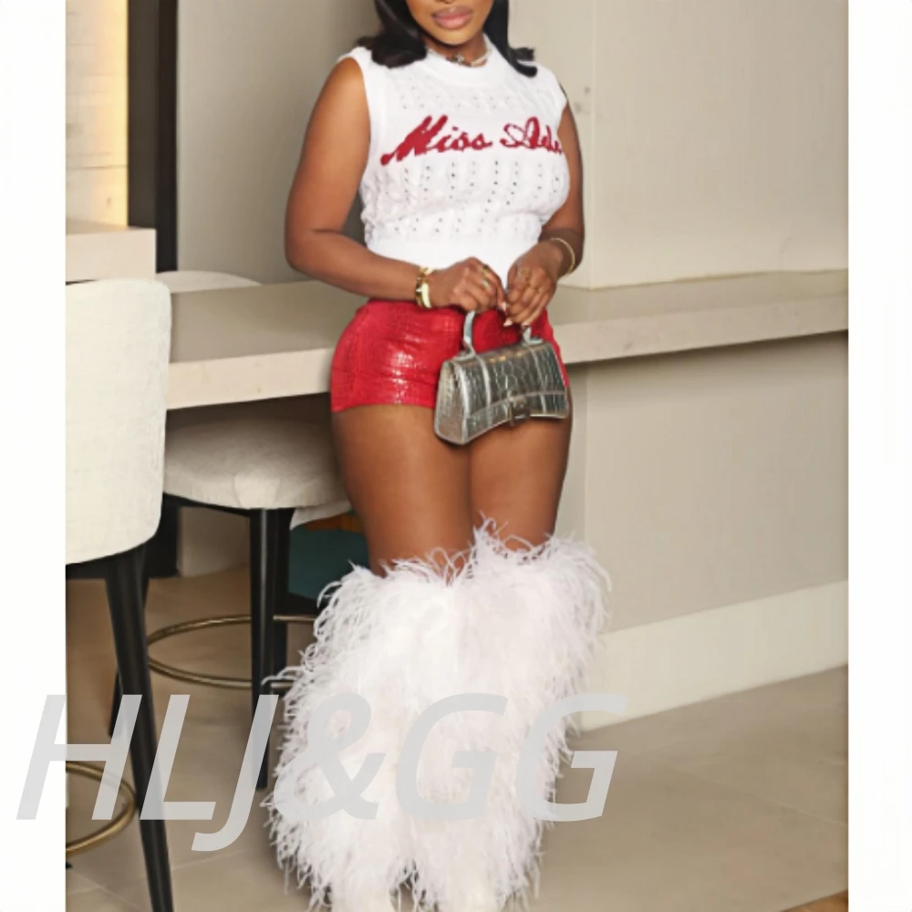 HLJ&GG Fashion Letter Knit Tank Top Two Piece Sets Women Round Neck Sleeveless Crop Top And Shorts Outfits Y2K Female Streetwear - Image 3