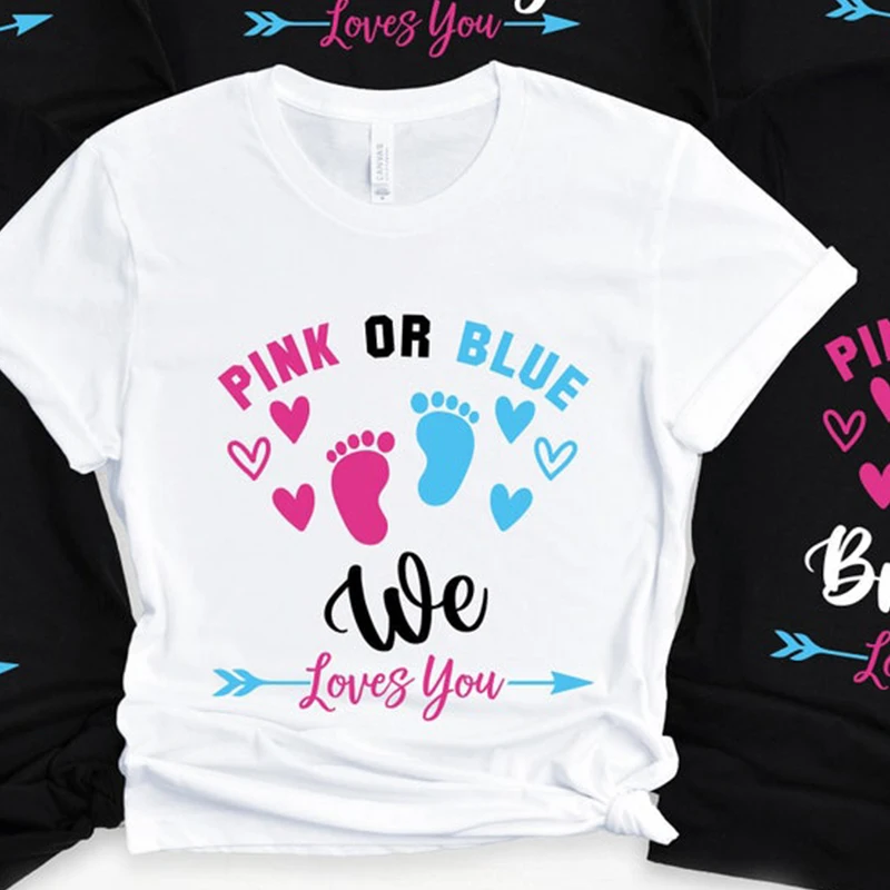 Pink or Blue Family Party Women T Shirts Cotton Gender Reveal Shirt for Kids Mommy Loves You O Neck Graphic Tee Unisex Tops