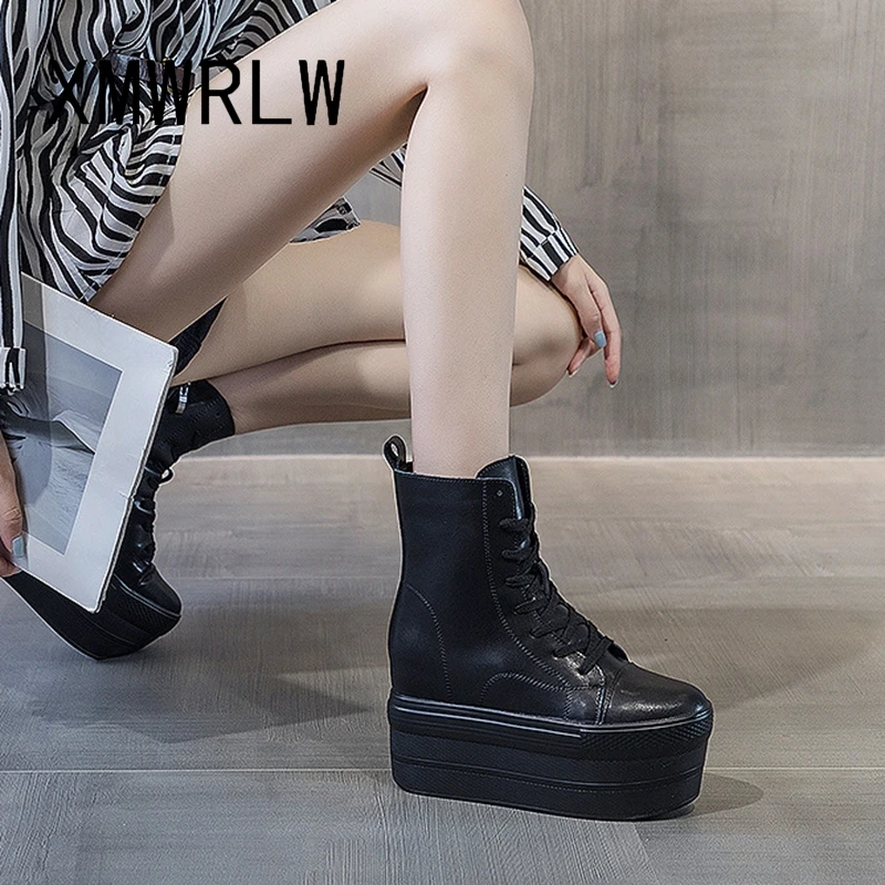 XMWRLW Women\'s Mid-Calf Boots Genuine Leather Platform Shoes 2023 Winter Autumn High Heels Boots For Woman Winter Shoes Boot