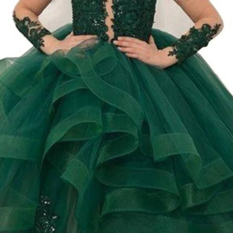 Kids Performance Ball Gown with Train Dresses Long Sleeve Flower Girl Wedding Gown Party Dress New Lace Court Princess Costume