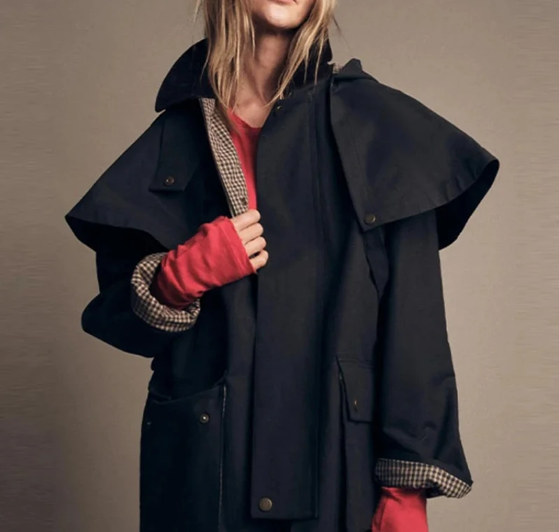 

Women's Casual Cloak Short jacket Navy blue Fashion Design Sense Style Detachable Hat Coat New Lady Autumn Streetwear