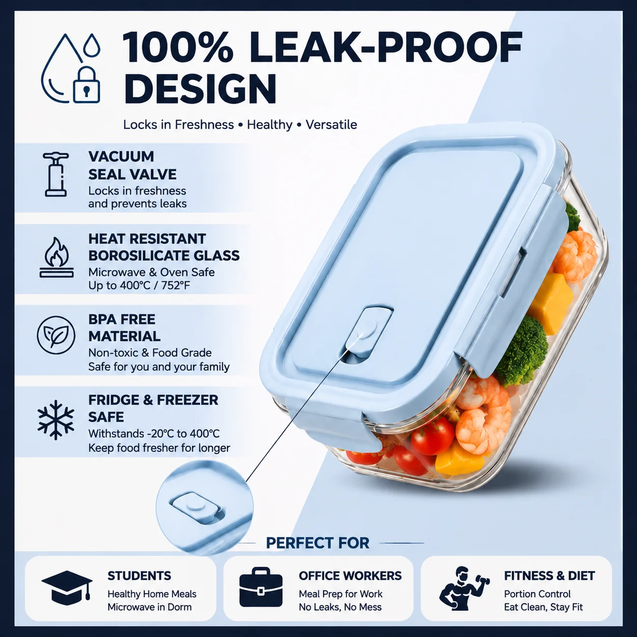 Meal Prep Gym - 2er-Pack Glas-Lunchbox Borosilikat Luftdichte Auslaufsichere Meal-Prep-Behälter