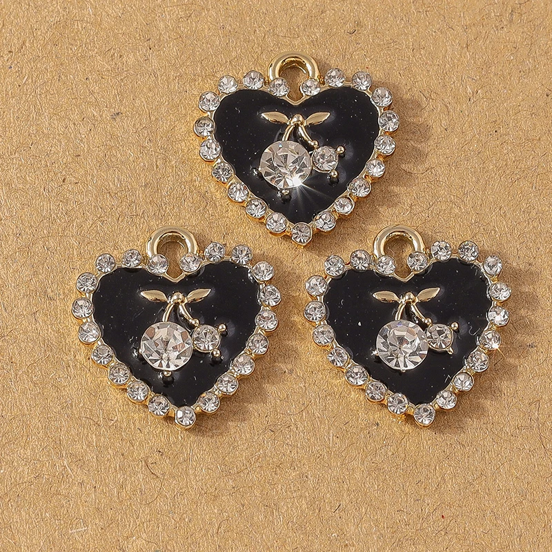 10pcs Chic Enamel Crystal Cherry Love Heart Charms Pendants for Necklace Earrings DIY Bracelet Jewelry Accessories Supplies