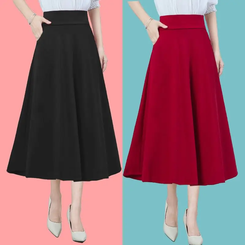 Temperament Fashion Solid Color Pocket A-line Skirt High Waisted Office All-match Casual Slim Summer Lady Umbrella Skirt