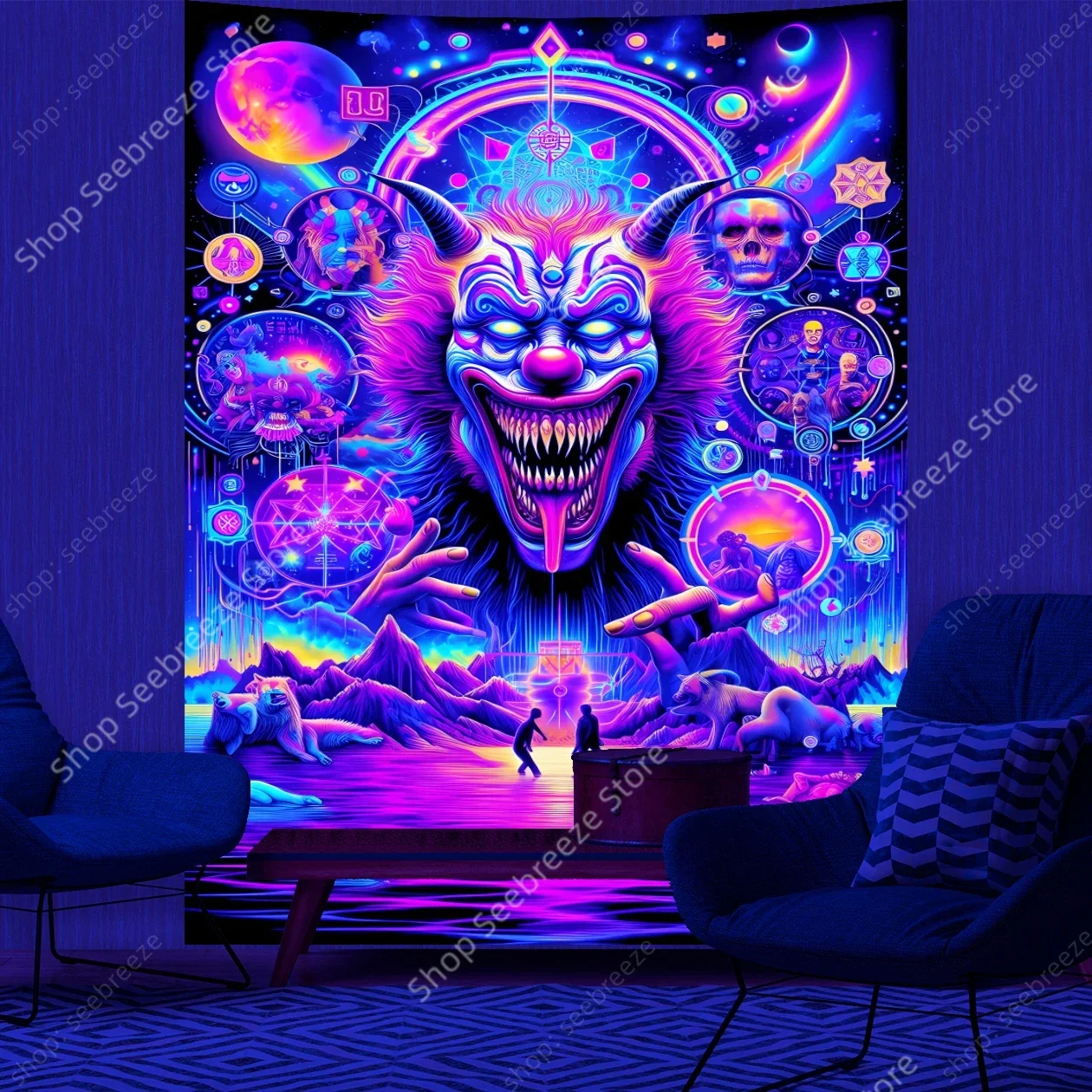 Psychedelic Cosmic Clown UV Wall Tapestry Visionary Neon Art Mystical Boho Decor Bedroom Living Room Dorm Kaleidoscope Design