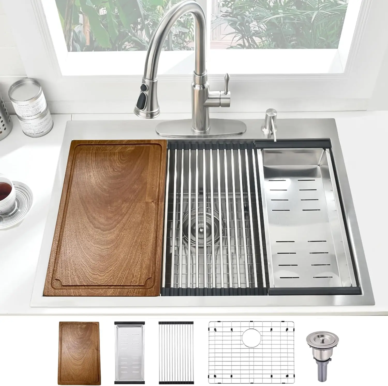 33-inch Drop in Kitchen Sink Workstation, BoomHoze 33x19 Topmount Drop-in Kitchen Sink 16 Gauge Stainless Steel Kitchen