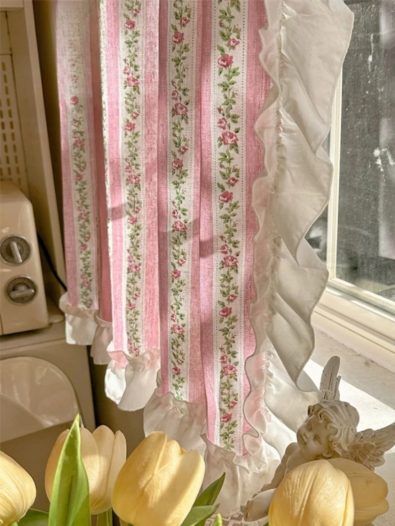 French Ruffle Pink Sweet Style Cotton Linen Floral Semi Blackout Curtain for Living Room Bedroom Dormitory Partition Half Drapes
