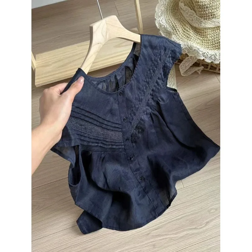 

plus Size Women's Shirt Lace Trim Fly Sleeve Cover Belly Spring Summer New Style Anti-Wrinkle Short Sleeve round Neck Cotton ...