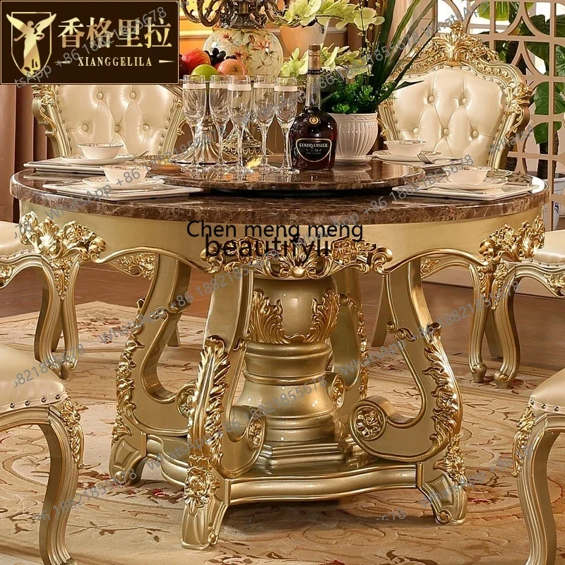 z183  American Villa Restaurant Marble with turntable 6 people 8 people Household solid wood carving flower round dining table