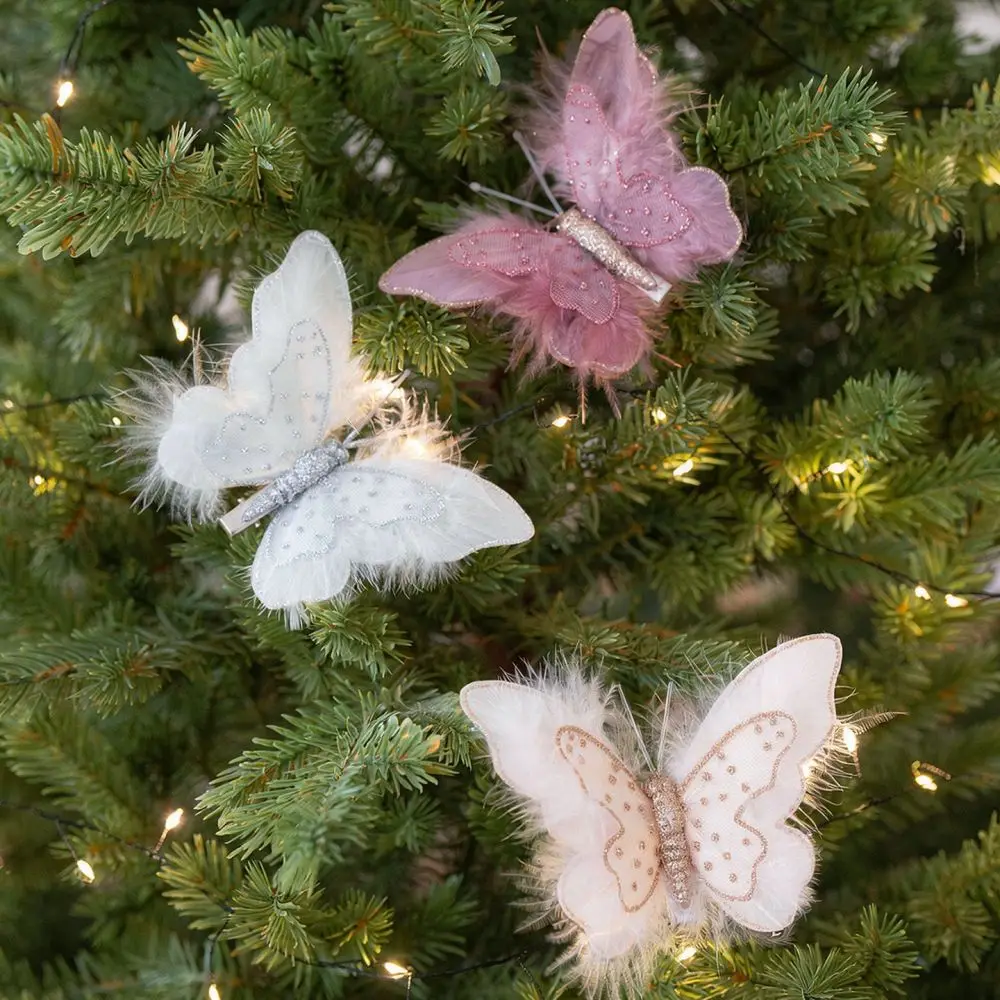 Glitter Butterfly Christmas Tree Hanging Ornament Double Layer Sparkling Artificial Insect Pendant For Festive Holiday Decor
