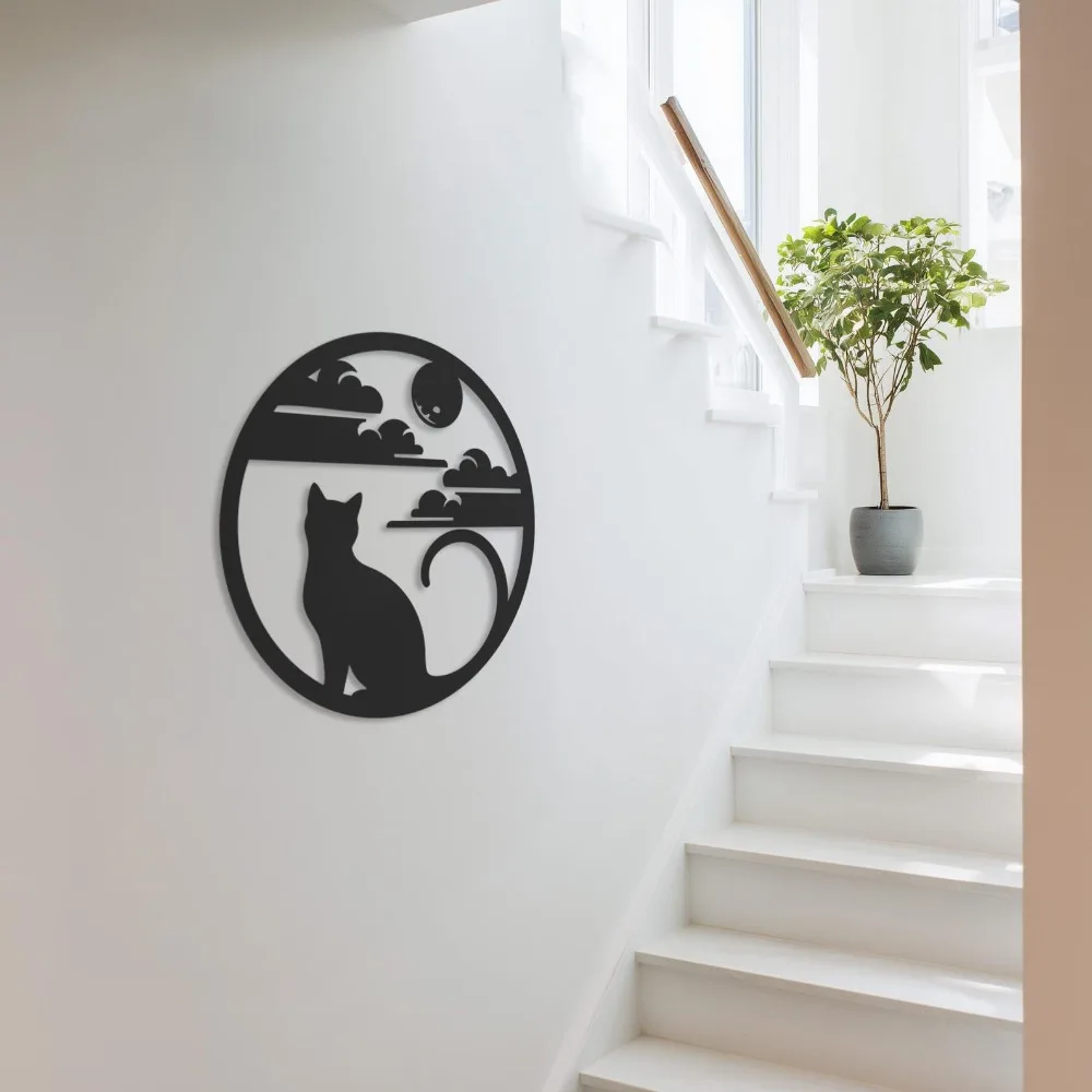 CIFbuy Iron Metal Wall Sign Black Cat Moon Minimal Silhouette Clouds Laser Cut Modern Hanging Decor For Balcony Home Wall