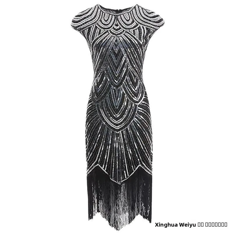 Abito da sera retrò Gatsby con paillettes fatto a mano Dr 920 Costume da spettacolo teatrale Collezione primaverile di abbigliamento etnico da donna