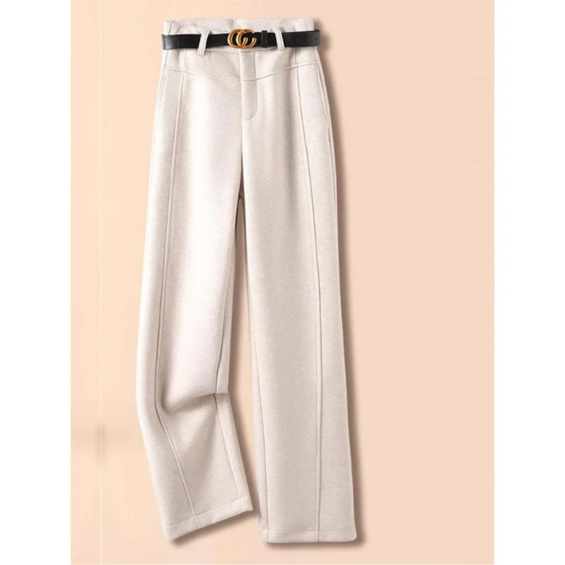 Pantalones estrechos color camel para mujer y pantalones casuales drapeados de cintura alta de invierno, pantalones de traje holgados y ajustados