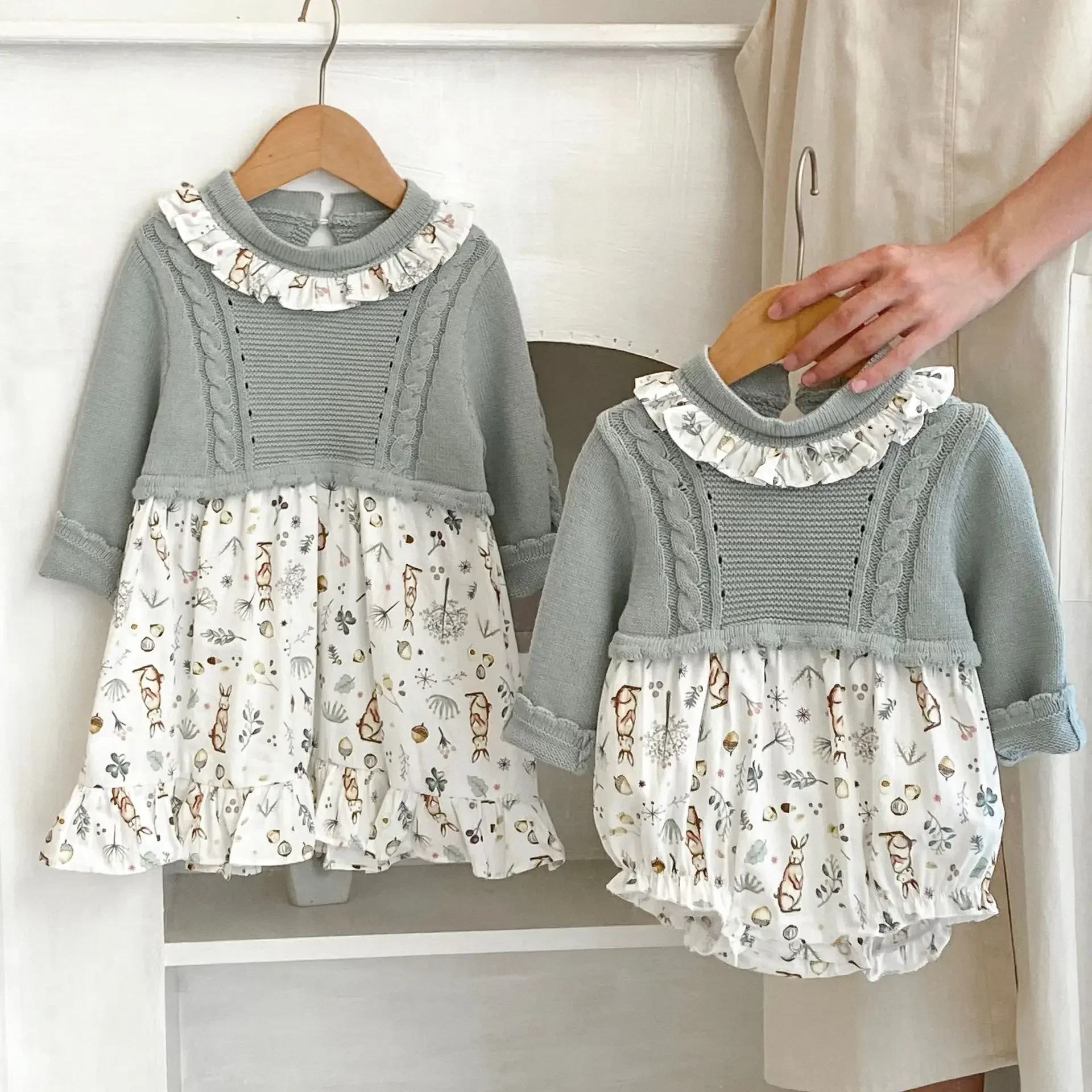 

Baby Sister Clothes Autumn New Knitted and Spliced Printed Girl's One Piece Clothes Or Sister Dresses