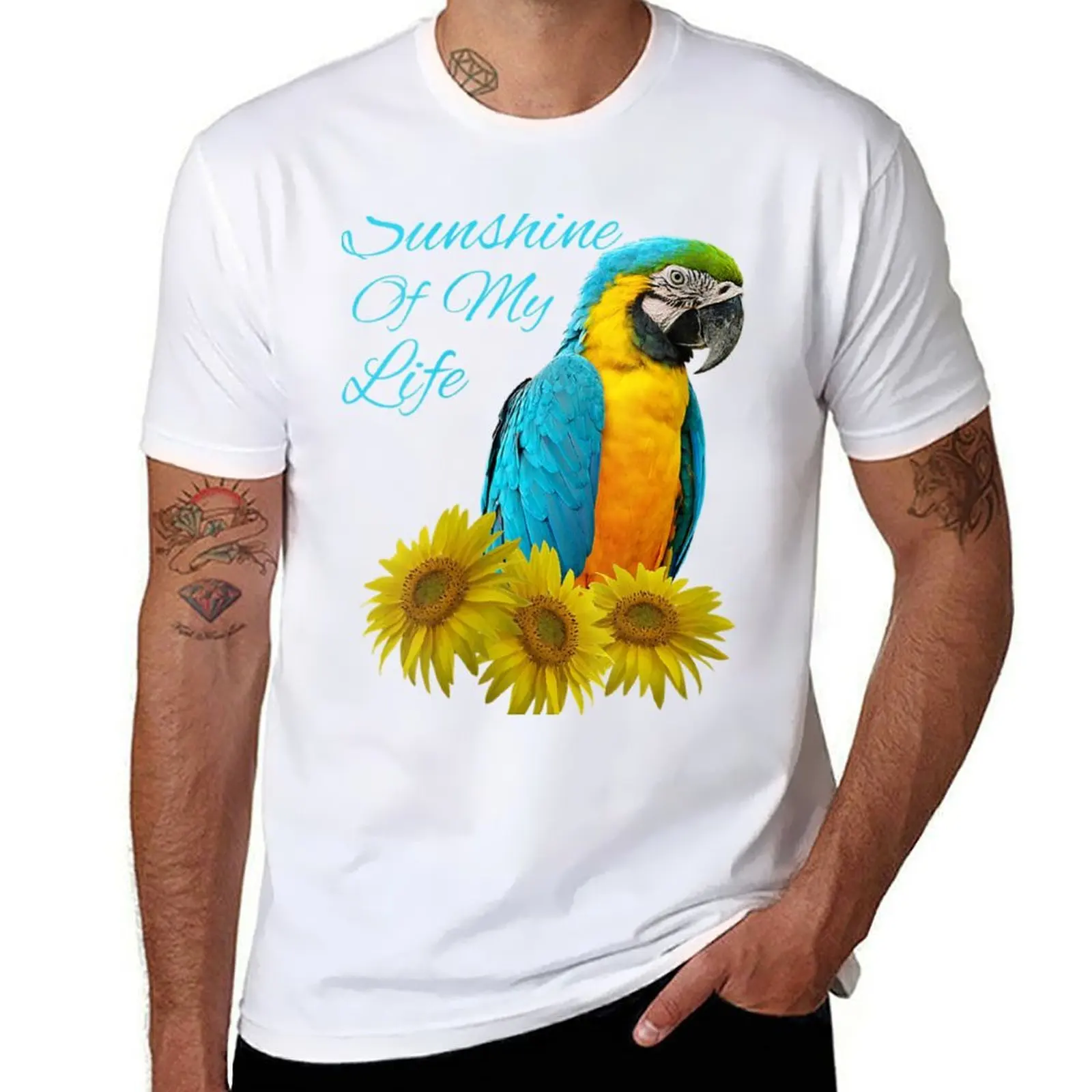 

Womens Blue & Gold Macaw Parrot Sunshine Sunflower V-Neck T-Shirt t shirt man casual man t shirts graphic T-Shirt