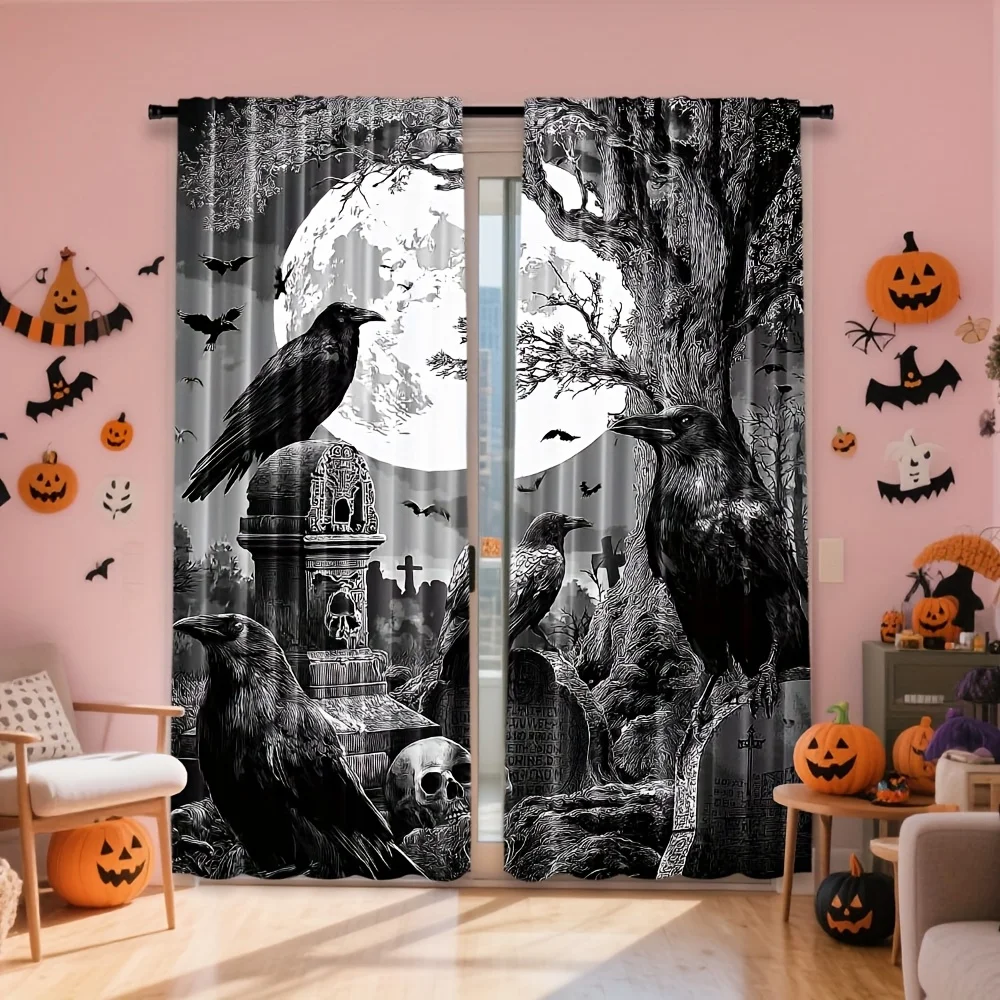 Gothic Raven Cemetery Tree Window Curtains - Spooky Halloween Decor, 2 Panel Set