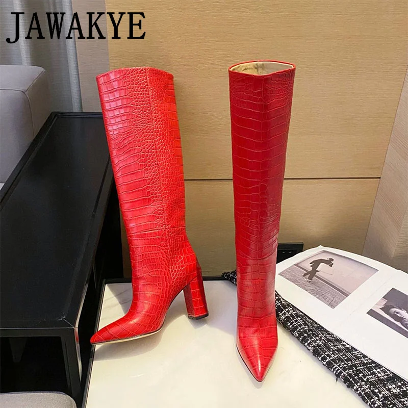 Fashion Week Snake Pattern Knee High Boots Women Pointy Toe Long Boots Autumn Sexy Runway Party Shoes High Heel Boots Women