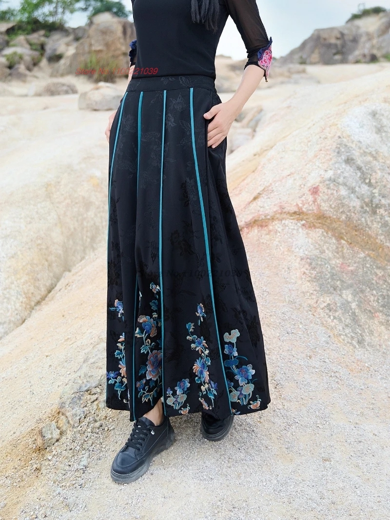 2025 китайская винтажная этническая юбка с цветочной вышивкой, традиционная атласная жаккардовая юбка с эластичной резинкой на талии, ретро-трапеция, народная юбка