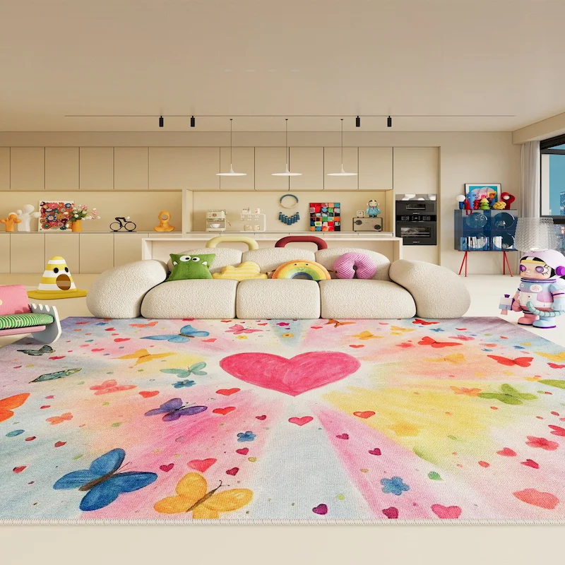 VIKAMA Rainbow Abstract Large Carpet Colorful Heart Shaped Butterfly Carpet Anti Slip Washable Soft Floor Carpet Home Decoration